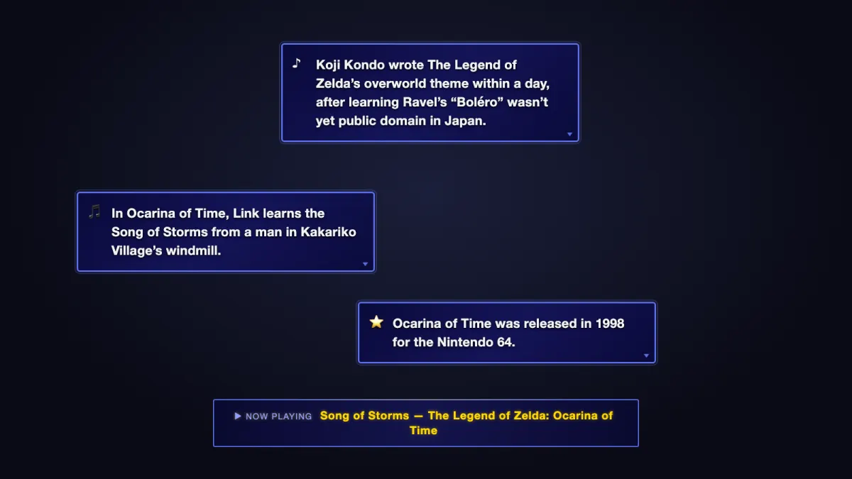 Three BubbleFacts captions about the Song of Storms from Ocarina of Time, with a now-playing bar beneath them